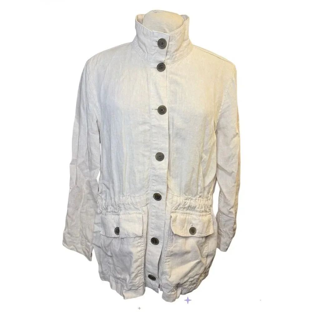 Lands End Linen Lightweight Utility Jacket Beige Drawstring Waist Large
